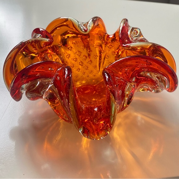 Vintage Barovier & Toso Orange Murano Glass Glass Bowl w/ silver leaf inclusions - Picture 8 of 13